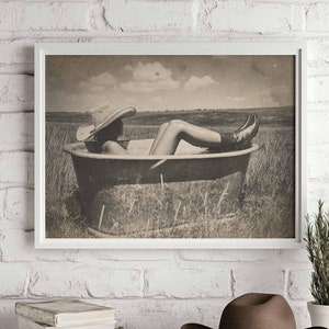 Poster of Vintage Cowgirl Bathing in Field, Western Cowgirl Wall Art, Southern Decor, Western Home Decor, Vintage Print