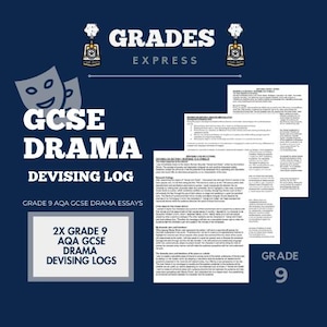 Könnte beinhalten: Eine blaue und weiße Grafik mit dem Text "GRADES EXPRESS" in weißen Buchstaben auf blauem Hintergrund. Die Grafik enthält auch eine Zeichentrick-Lokomotive mit einem rot-weiß-blauen Farbschema. Der Text "GCSE DRAMA DEVISING LOG" ist in weißen Buchstaben auf blauem Hintergrund. Der Text "GRADE 9 AQA GCSE DRAMA ESSAYS" ist in weißen Buchstaben auf blauem Hintergrund. Der Text "2X GRADE 9 AQA GCSE DRAMA DEVISING LOGS" ist in weißen Buchstaben auf blauem Hintergrund. Der Text "GRADE 9" ist in weißen Buchstaben auf blauem Hintergrund.