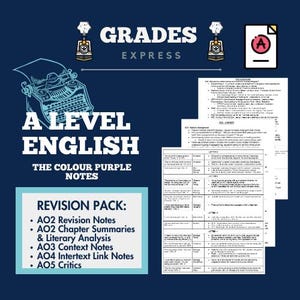 May include: A blue and white illustration of a vintage typewriter with the text "A Level English The Colour Purple Notes Revision Pack: AO2 Revision Notes, AO2 Chapter Summaries & Literary Analysis, AO3 Context Notes, AO4 Intertext Link Notes, AO5 Critics" on a blue background.