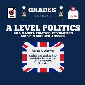 Può includere: Uno sfondo blu con una bandiera Union Jack bianca e rossa. La bandiera ha una casella bianca con il testo "GRADE A* ANSWER" in nero. Il testo sotto la casella recita "Spiega e analizza come la devoluzione ha influenzato il governo del Regno Unito. [9 marks]"