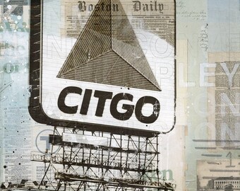 Beacon (znak Citgo) wydruk papierowy | Boston City Art | Fenway Park | Boston mixed media art | Baseball art