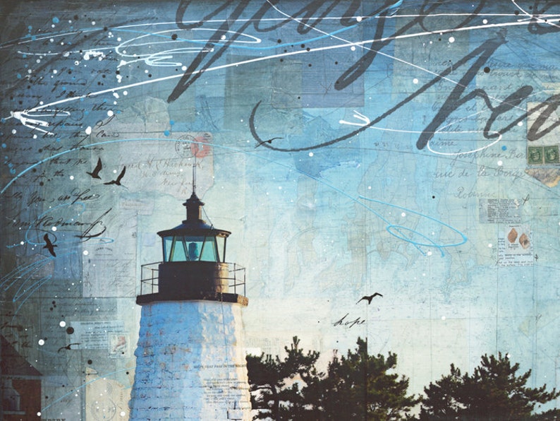 A Summer Night in Newport paper print of Newport Harbor Rhode Island lighthouse mixed media collage image 3