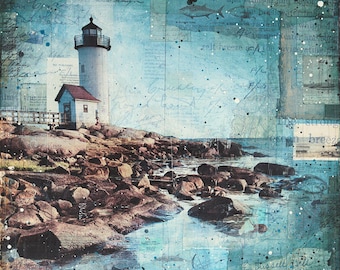 Afternoon in Annisquam - wydruk papierowy w 3 rozmiarach - Lighthouse Art, malarstwo w technice mieszanej, sztuka w technice mieszanej, sztuka ścienna w stylu nadmorskim, sztuka morska