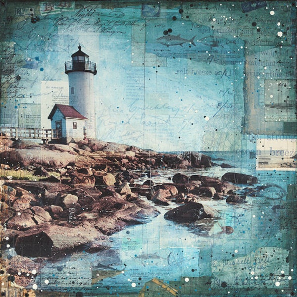 Afternoon in Annisquam - paper print in 3 sizes - Lighthouse Art, Mixed Media Painting, Mixed Media Art, Coastal wall art, nautical art