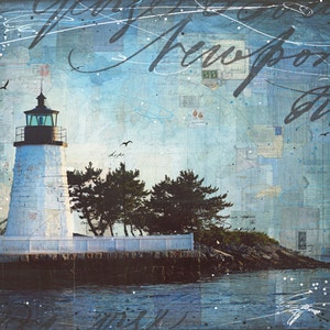 A Summer Night in Newport paper print of Newport Harbor Rhode Island lighthouse mixed media collage image 1