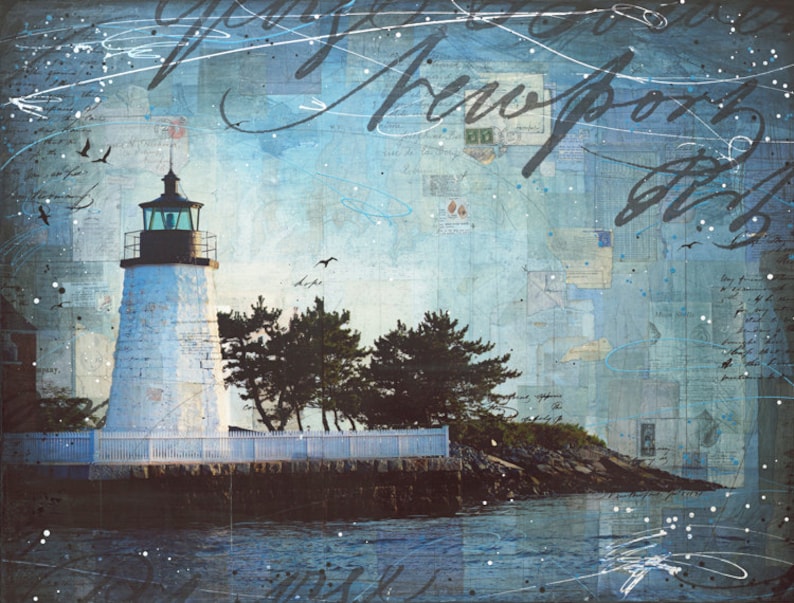 A Summer Night in Newport paper print of Newport Harbor Rhode Island lighthouse mixed media collage image 1