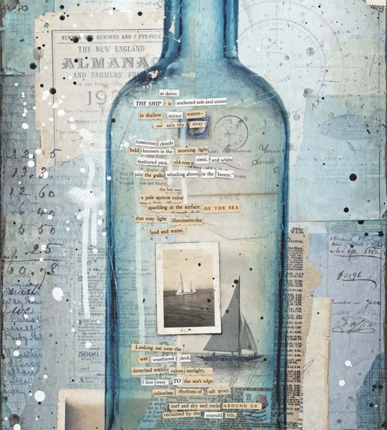 The Ship At Dawn Message in a Bottle Sailing art print Mixed Media Poster New England Art Beach Art Paper Print image 3