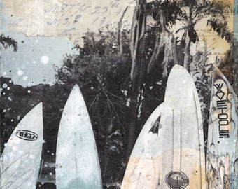 Wydruk „The Sandbox” | Wydruk artystyczny z motywem nadmorskim | Plakat w technice mieszanej | Sztuka kalifornijskich surferów | Sztuka plażowa | Wydruk papierowy
