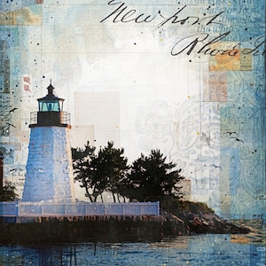 Sunset over Newport Harbor Light - paper print of Rhode Island lighthouse mixed media collage painting