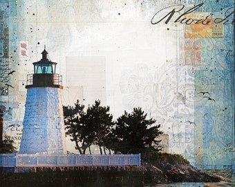 Sunset over Newport Harbor Light - paper print of Rhode Island lighthouse mixed media collage painting