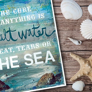 The Cure for Anything is Salt Water Mixed Media Art Ocean Beach Word Art Hand-Lettered Typography Ocean Wall Art image 3