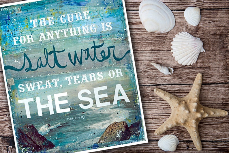 The Cure for Anything is Salt Water Mixed Media Art Ocean Beach Word Art Hand-Lettered Typography Ocean Wall Art image 3