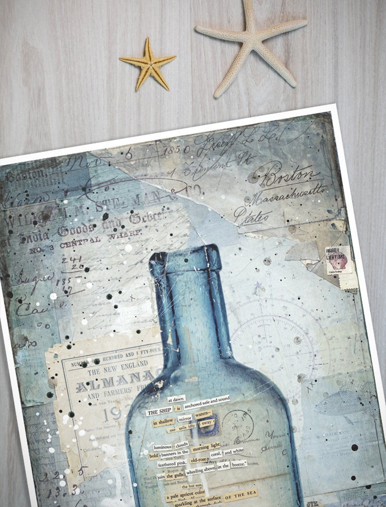 The Ship At Dawn Message in a Bottle Sailing art print Mixed Media Poster New England Art Beach Art Paper Print image 1