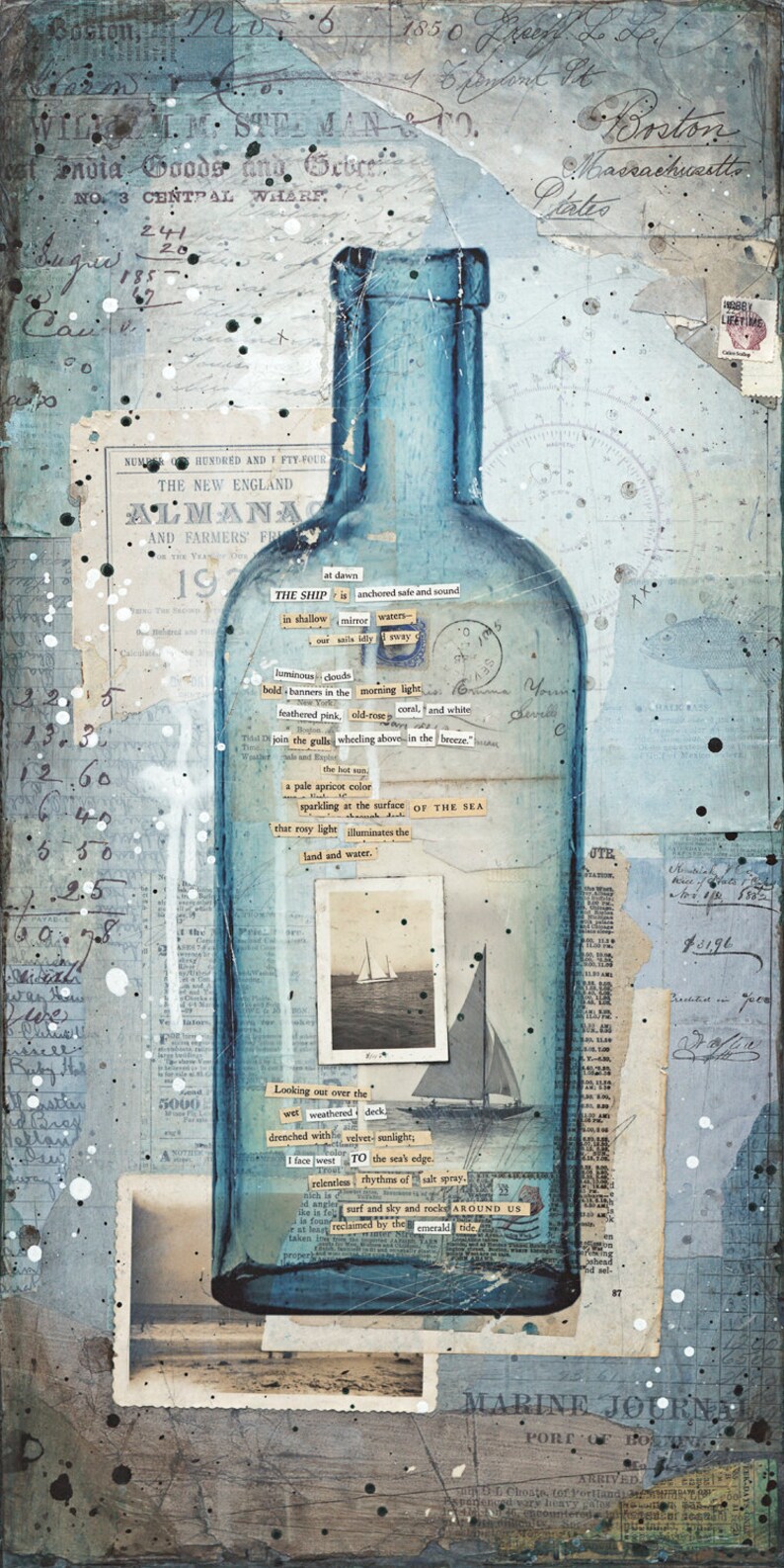 The Ship At Dawn Message in a Bottle Sailing art print Mixed Media Poster New England Art Beach Art Paper Print image 2