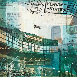 May include: A collage of images depicting Fenway Park, a baseball stadium in Boston, Massachusetts. The collage includes a view of the stadium's green exterior, a vintage newspaper clipping about the Red Sox, and a stamp with the words "Fenway Station".