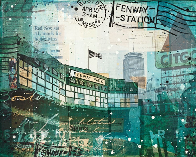 Opening Day paper print Boston Red Sox Art Fenway Park art Boston mixed media art Baseball art image 1