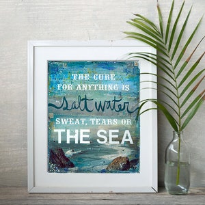 The Cure for Anything is Salt Water Mixed Media Art Ocean Beach Word Art Hand-Lettered Typography Ocean Wall Art image 2