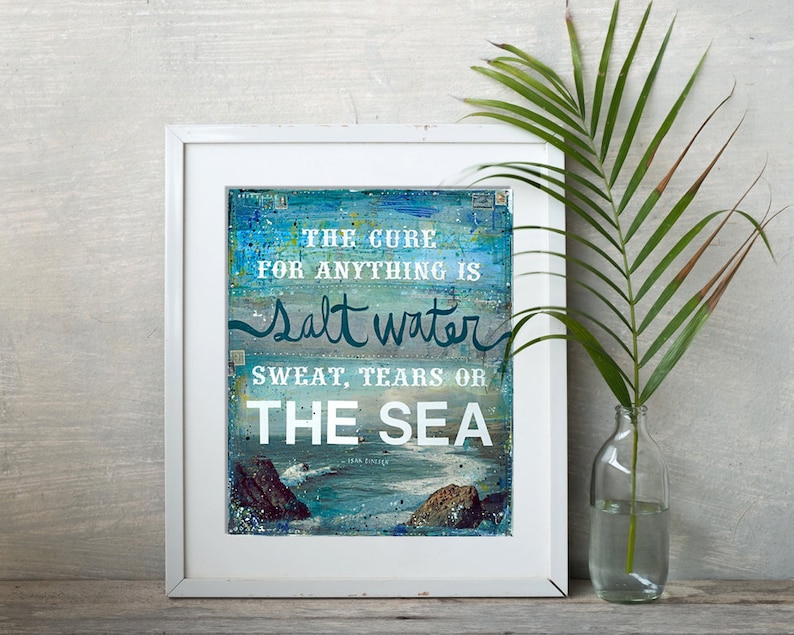 The Cure for Anything is Salt Water Mixed Media Art Ocean Beach Word Art Hand-Lettered Typography Ocean Wall Art image 2