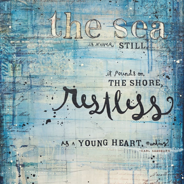 Young Heart - 36" x 18" original mixed media painting on canvas - beach collage nautical word art typography text with found paper