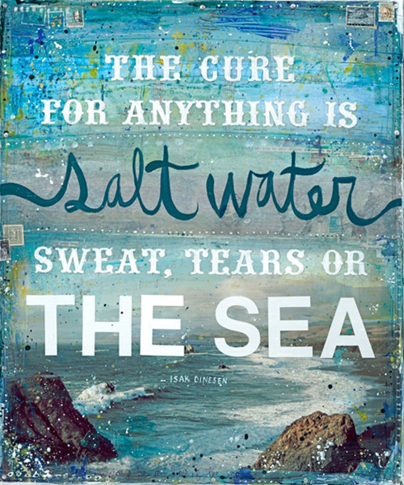 The Cure for Anything is Salt Water Mixed Media Art Ocean Beach Word Art Hand-Lettered Typography Ocean Wall Art image 1