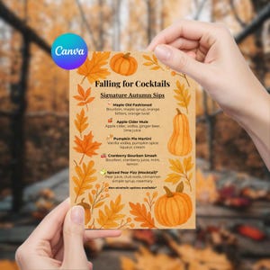May include: A fall-themed cocktail menu titled "Falling for Cocktails" with "Signature Autumn Sips" listed. The menu features illustrations of pumpkins and leaves, with drink names and ingredients. The Canva logo is in the upper left corner.