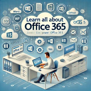 Op de afbeelding: Een man zit aan een bureau voor een computer en werkt aan een project. Het bureau is omringd door pictogrammen die verschillende Microsoft Office-programma's voorstellen, waaronder Word, Excel, PowerPoint en Outlook. De tekst "Learn all about Office 365" wordt weergegeven in een wolk boven het hoofd van de man.