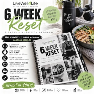 May include: A spiral-bound 6 Week Reset fitness and nutrition programme guide featuring black and white imagery of workouts and healthy meals, alongside a black water bottle with the text Progress Not Perfection and a bowl of salad.