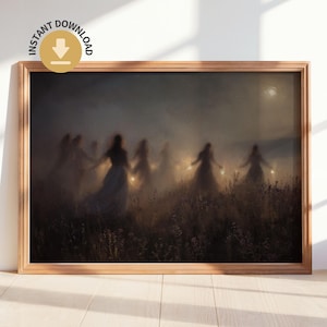 May include: A wooden framed print depicting a group of silhouetted figures in white dresses, holding lanterns in a misty field. The background is dark and atmospheric. The frame is light-toned wood. The words "INSTANT DOWNLOAD" are in the upper left corner.
