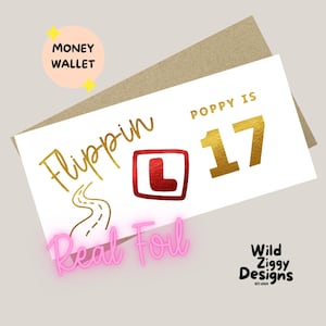 May include: A white card with gold foil text that reads "Flippin" and "17". A red square with a white "L" is in the center. The card is inside a brown envelope. The words "Money Wallet" are in a circle.
