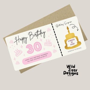 May include: A birthday scratch card with the words "Happy Birthday" and the number "30" in pink. The card includes the text "3 Nights in Paris" and "Scratch to Reveal". The card is on a brown envelope.