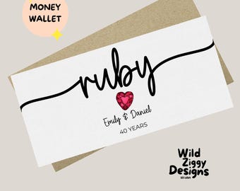 Ruby Anniversary Money Wallet Card, 40th Anniversary Gift Envelope, Personalised Anniversary Cash Holder, Wedding Anniversary Gift