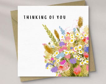Thinking Of You Sympathy Simple Design With Flowers Card Blank Inside For Own Message