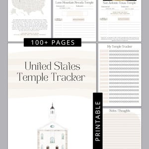 Puede incluir: Un rastreador de templos de los Estados Unidos imprimible con más de 100 páginas. El diseño incluye un mapa de los EE. UU., ilustraciones de templos y espacio para notas. La portada dice "United States Temple Tracker" y "This book belongs to".