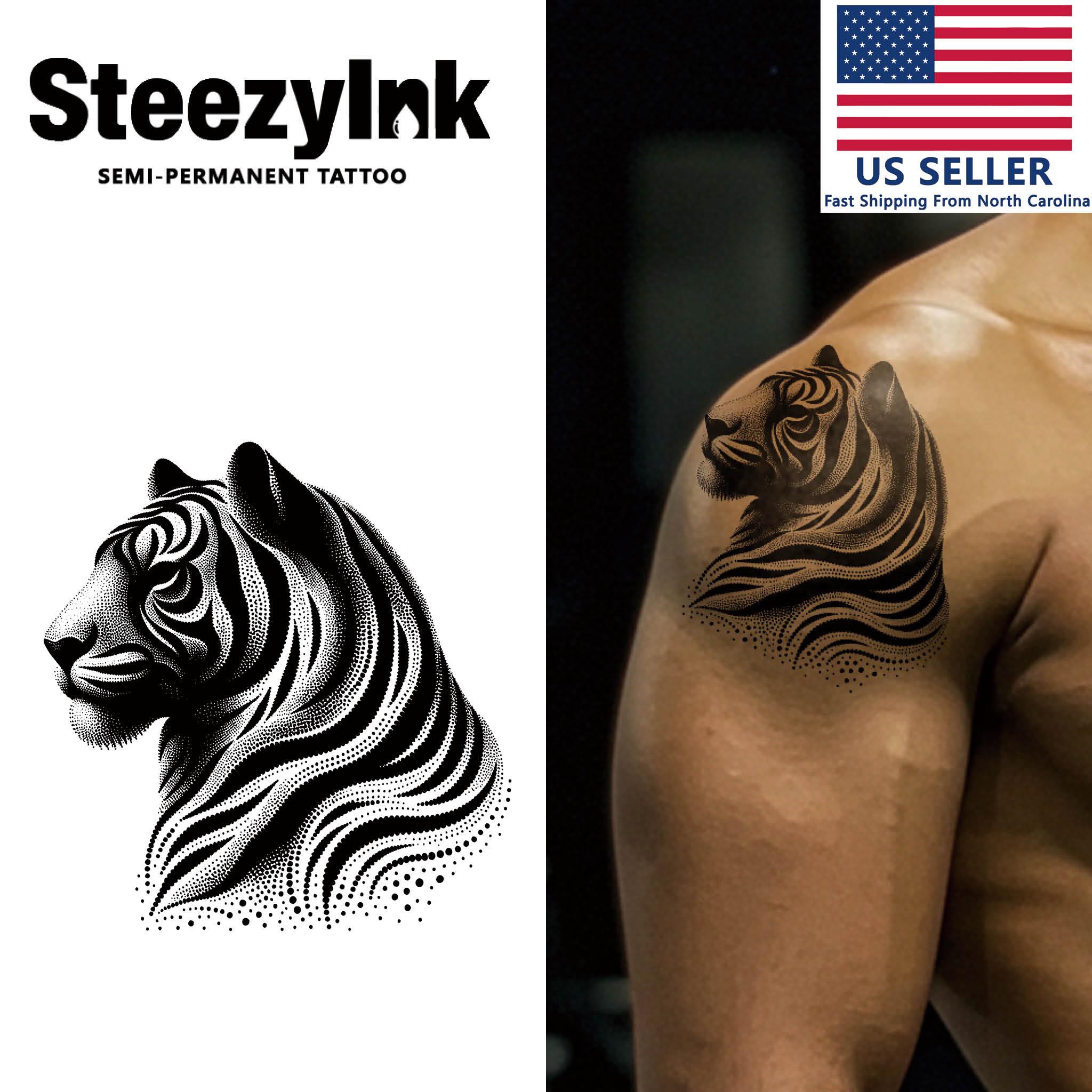 SteezyInk Semi-Permanent Tattoo Tiger Portrait Last Upto 2 Weeks 6.5 x 6.5 Inches