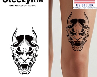 SteezyInk Temporary Tattoo Hannya Fury Mask Last Upto 2 Weeks 6.5 x 6.5 Inches
