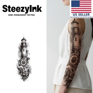 SteezyInk Temporary Tattoo Lighthouse Sleeve Last Upto 2 Weeks 6 x 18 Inches