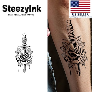 SteezyInk Semi-Permanent Tattoo Rose Dagger Last Upto 2 Weeks 3 x 6 Inches