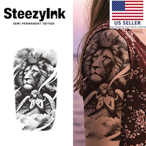SteezyInk Semi-Permanent Tattoo Crowned Lion and Angel Last Upto 2 Weeks 5.5 x 9 Inches