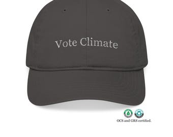 Vote Climate embroidered dad hat, minimalist design, sustainability certified.