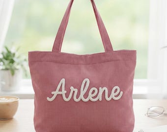 Gepersonaliseerde draagtas voor leraar, aangepaste corduroy naamtas met ritssluiting, cadeau leraar waardering, terug naar school-werktas