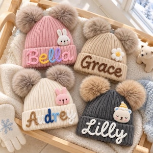 Custom Name Beanie with Double Pom Poms, Personalized Ribbed Knit Winter Hat for Kids and Adults, Christmas Gift