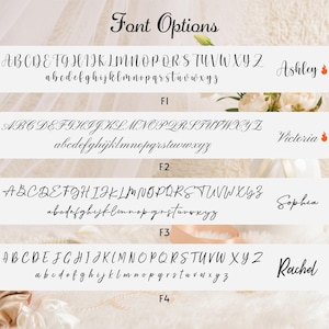 May include: Image showcasing font options for design projects. The image displays four different font styles, each with uppercase and lowercase alphabets. Names like Ashley, Victoria, Sophia, and Rachel are also shown.