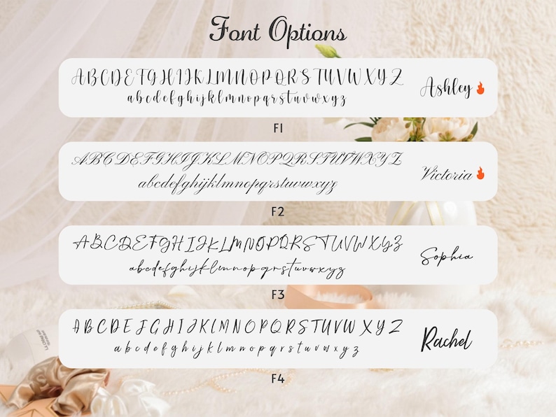May include: Image showcasing font options for design projects. The image displays four different font styles, each with uppercase and lowercase alphabets. Names like Ashley, Victoria, Sophia, and Rachel are also shown.