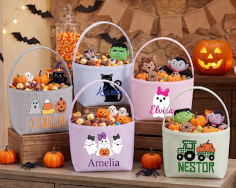 Halloween-Süßigkeitenkorb für Kinder, personalisierte Seersucker-Süßigkeitentüte, Süßigkeiteneimer mit individuellem Namen, Halloween-Geschenk für Jungen und Mädchen
