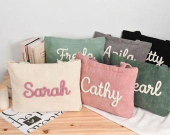 Custom Name Tote Bag,Bridesmaid Gift Bag, Personalized Work Purse with Pockets,Everyday Chenille Corduroy Tote,Bachelorette Gift
