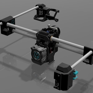 May include: An exploded view of a black and gray mechanical assembly with silver rods and black brackets. The assembly includes a central component with a circular emblem and several smaller, blue-accented parts.