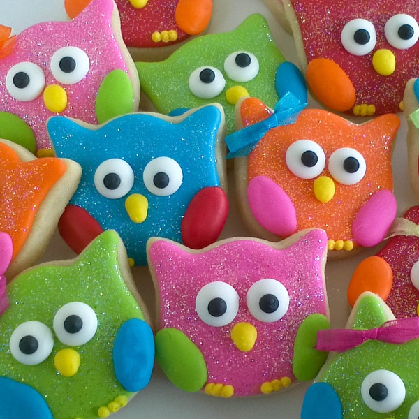 Colorful Owl Cookies-  3 Dozen for Lachelle in  hot pink, purple, lime, orange, and turquoise