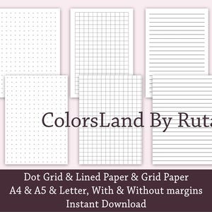 Digital Paper sheets: Dotted Paper, Lined Paper, Grid Paper, Notebook paper, Graf Paper, A5, A4, Letter Size, PDF & PNG, Transparanted paper