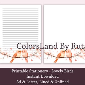 Papel de papelería con diseño de pájaros y flores, papel de escritura imprimible, papel de cartas imprimible, papel rayado a color, papel de carta A4 de EE. UU., descarga instantánea