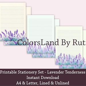 Papelaria lavanda para impressão, papel pautado, conjunto de papelaria lavanda, papel de escrita floral, papel de carta digital lavanda, papel A4, carta EUA